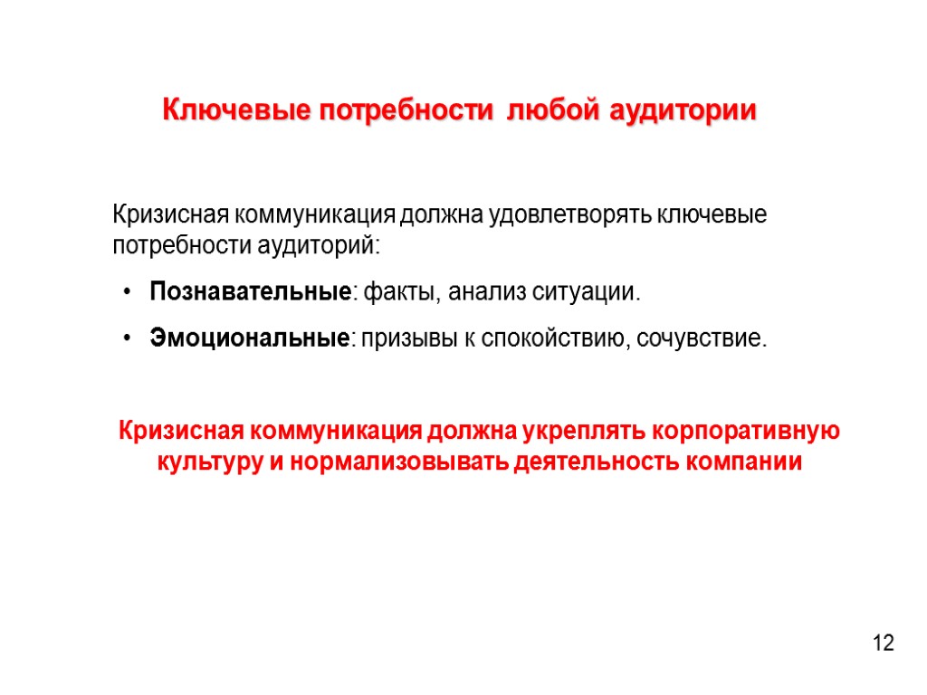 Ключевые потребности любой аудитории Кризисная коммуникация должна удовлетворять ключевые потребности аудиторий: Познавательные: факты, анализ